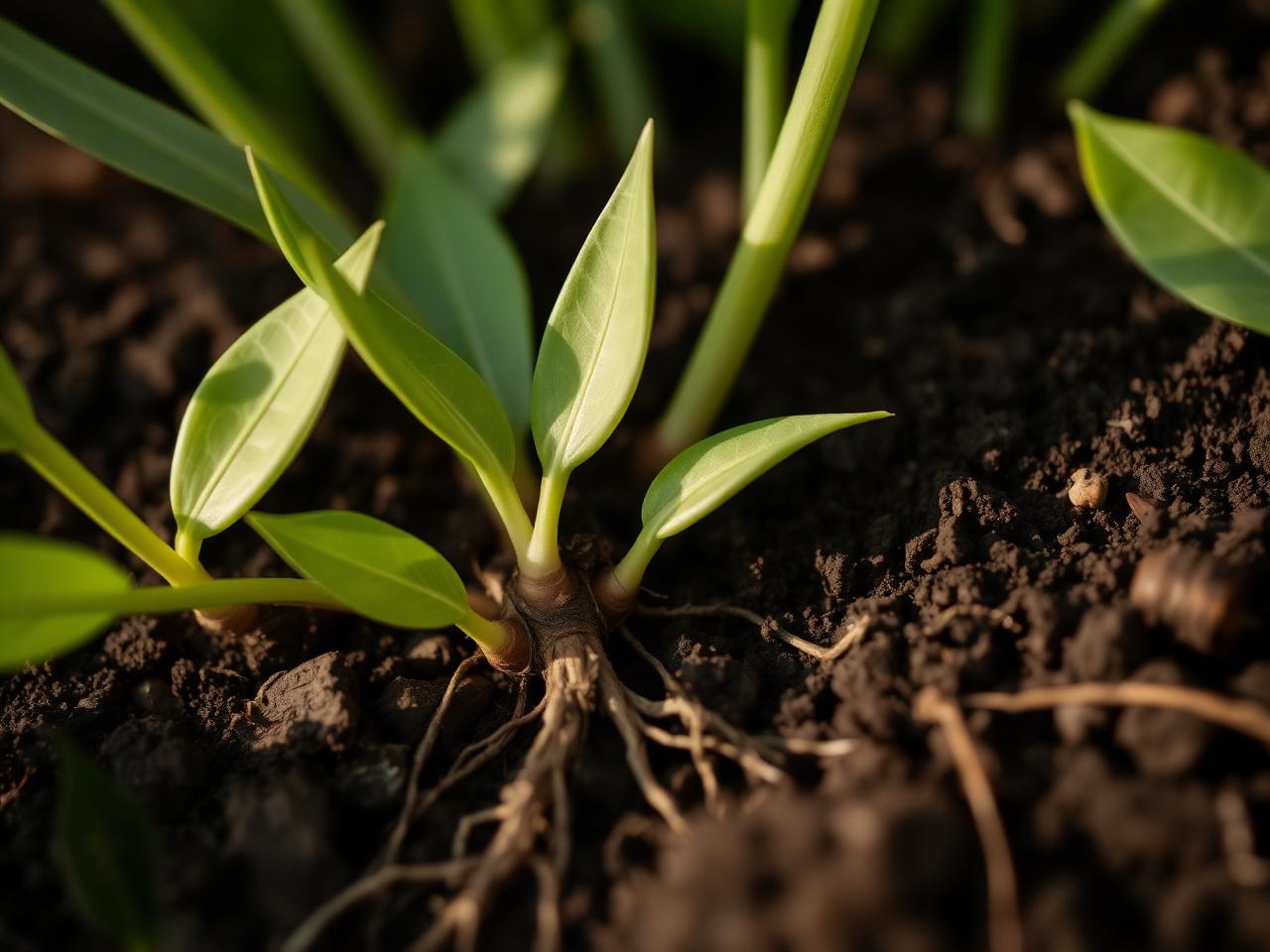 Young plants taking root in rich soil